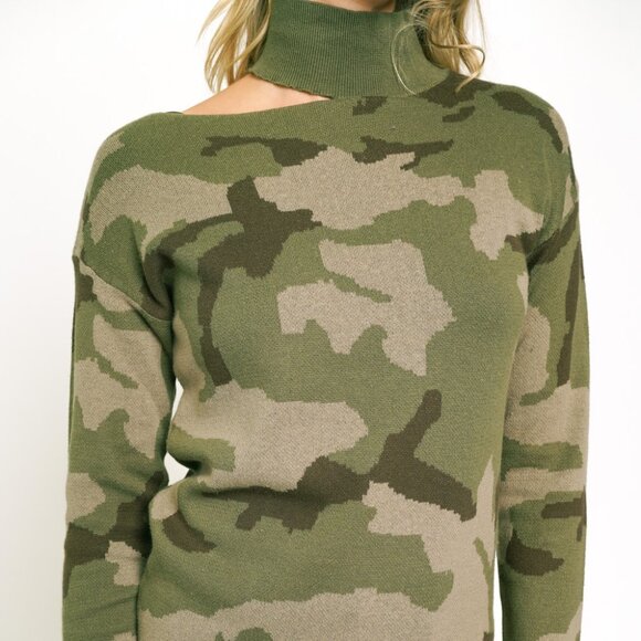 MYSTREE Camo Print Cut-Out Mock Neck Sweater, Green Long Sleeve Knit - Picture 9 of 9